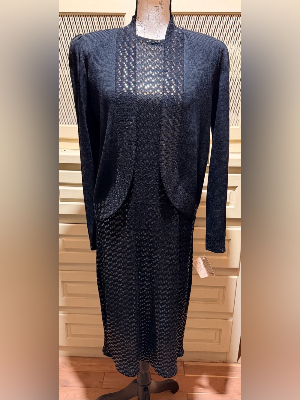 NWT VTG St. John Couture Sequin Santana Knit Jacket Dress Set Black 10